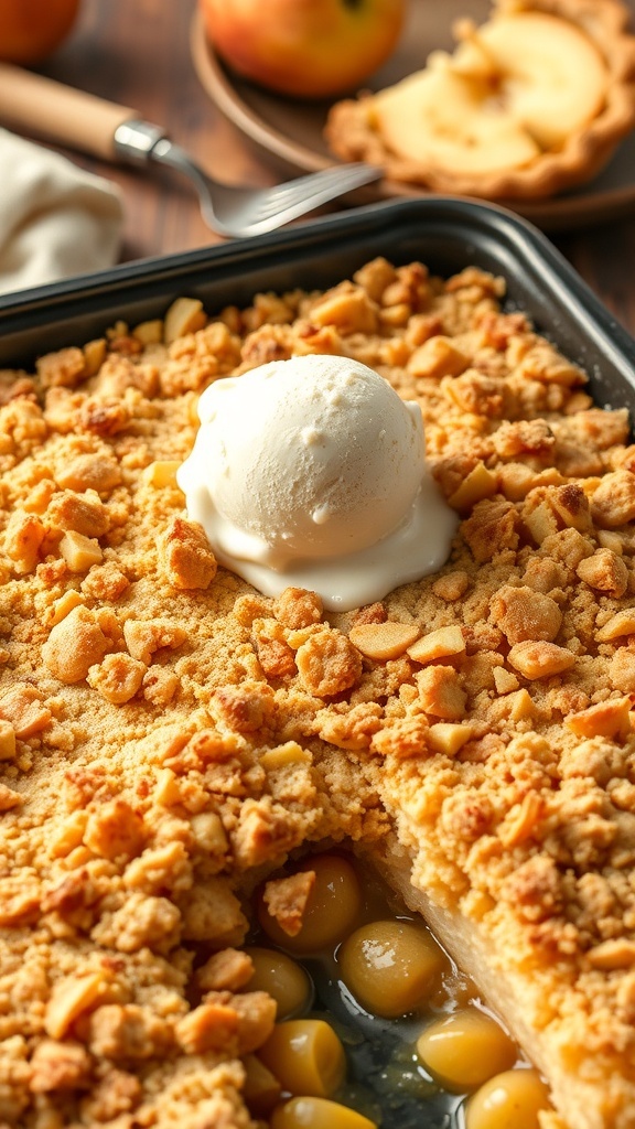 A 9x13 pan of apple crumble with a golden topping and a scoop of vanilla ice cream on top.